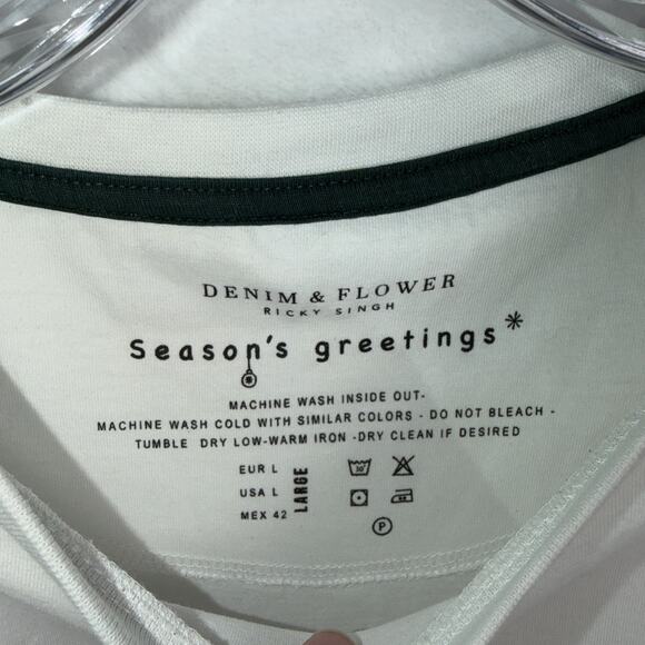 DENIM & FLOWER•Ricky Singh Sz Large White Tee w/Red Vintage-like Christmas Toast - Picture 5 of 7